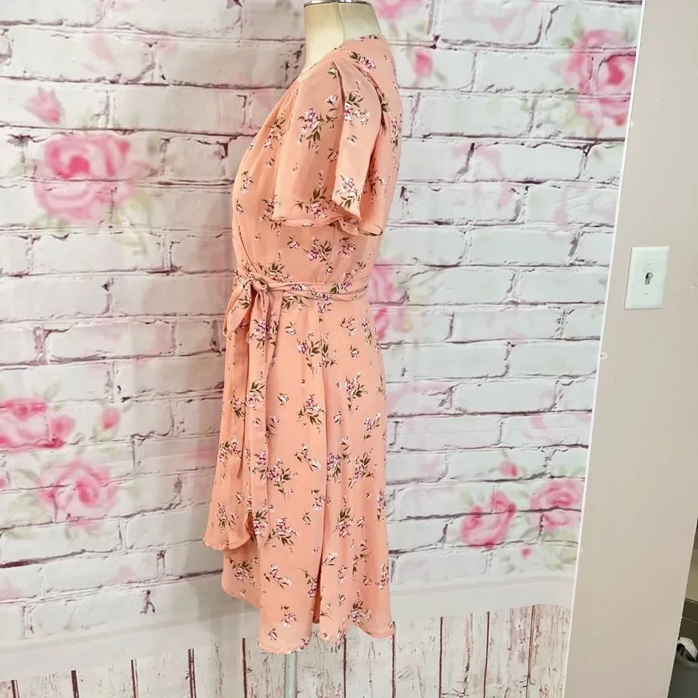 Lulu's Women's True Wrap Floral Short Sleeve Belted Pink Sundress Size S - Picture 6 of 11